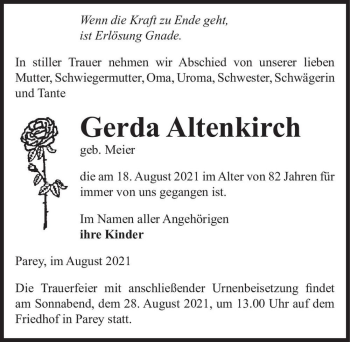 Traueranzeige von Gerda Altenkirch (geb. Meier)  von Magdeburger Volksstimme