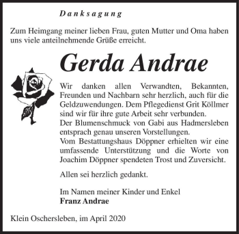 Traueranzeige von Gerda Andrae  von Magdeburger Volksstimme