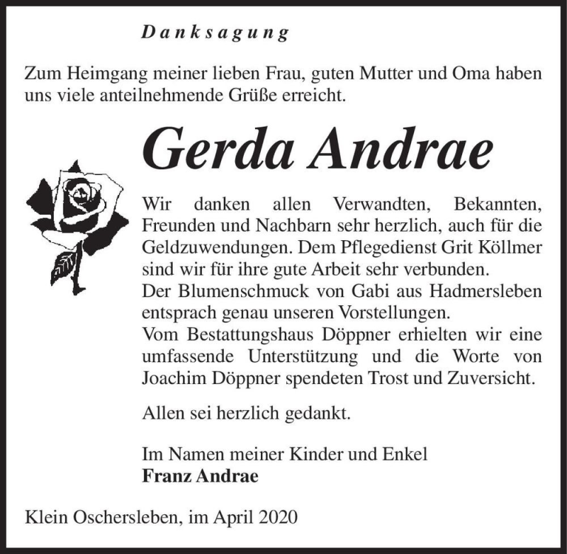  Traueranzeige für Gerda Andrae  vom 02.05.2020 aus Magdeburger Volksstimme
