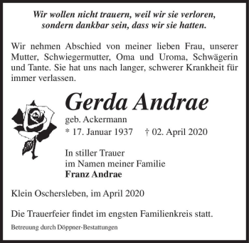 Traueranzeige von Gerda Andrae (geb. Ackermann)  von Magdeburger Volksstimme