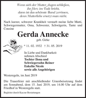 Traueranzeige von Gerda Annecke (geb. Girke)  von Magdeburger Volksstimme