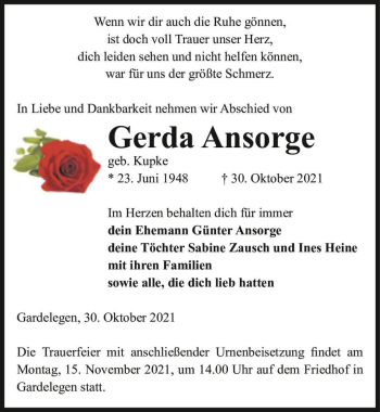 Traueranzeige von Gerda Ansorge (geb. Kupke)  von Magdeburger Volksstimme