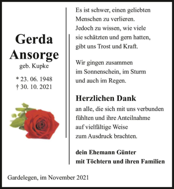 Traueranzeige von Gerda Ansorge (geb. Kupke)  von Magdeburger Volksstimme