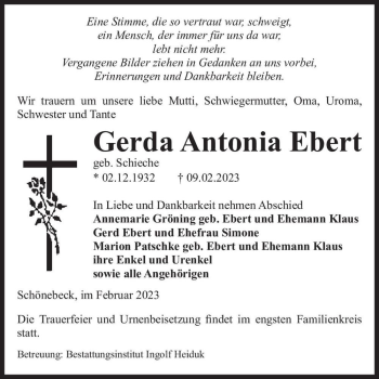 Traueranzeige von Gerda Antonia Ebert (geb. Schieche)  von Magdeburger Volksstimme