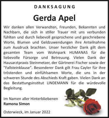 Traueranzeige von Gerda Apel  von Magdeburger Volksstimme