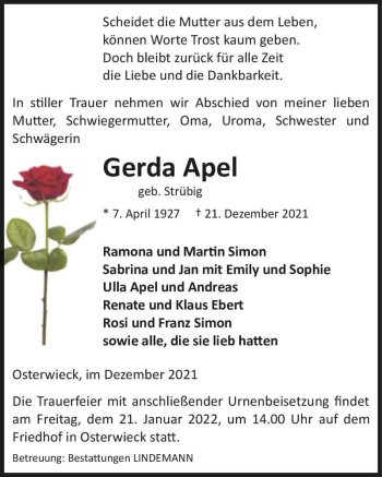 Traueranzeige von Gerda Apel (geb. Strübig)  von Magdeburger Volksstimme