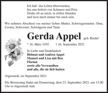 Traueranzeige von Gerda Appel (geb. Riedel)  von Magdeburger Volksstimme