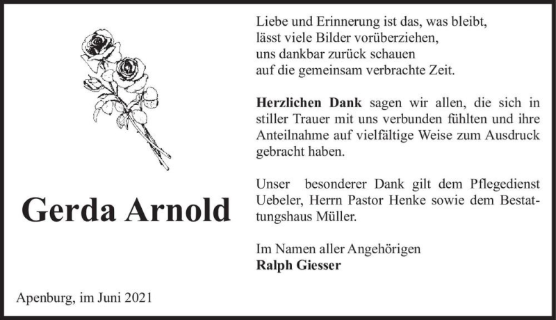  Traueranzeige für Gerda Arnold  vom 02.07.2021 aus Magdeburger Volksstimme