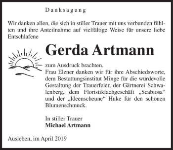 Traueranzeige von Gerda Artmann  von Magdeburger Volksstimme