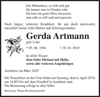 Traueranzeige von Gerda Artmann (geb. Lohe)  von Magdeburger Volksstimme