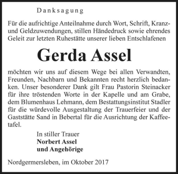 Traueranzeige von Gerda Assel  von Magdeburger Volksstimme