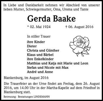 Traueranzeige von Gerda Baake  von Magdeburger Volksstimme