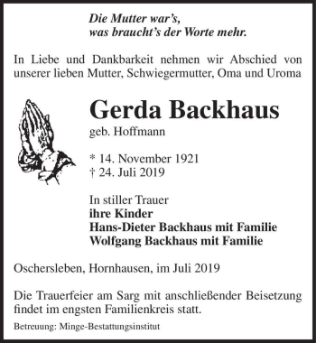 Traueranzeige von Gerda Backhaus (geb. Hoffmann)  von Magdeburger Volksstimme