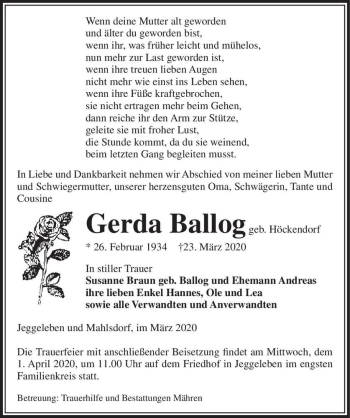 Traueranzeige von Gerda Ballog (geb. Höckendorf)  von Magdeburger Volksstimme