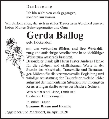 Traueranzeige von Gerda Ballog (geb. Höckendorf)  von Magdeburger Volksstimme