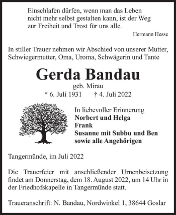 Traueranzeige von Gerda Bandau (geb. Mirau)  von Magdeburger Volksstimme