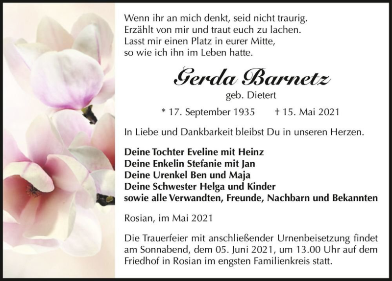  Traueranzeige für Gerda Barnetz (geb. Dietert)  vom 22.05.2021 aus Magdeburger Volksstimme