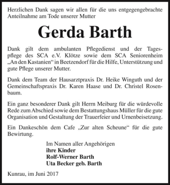 Traueranzeige von Gerda Barth  von Magdeburger Volksstimme