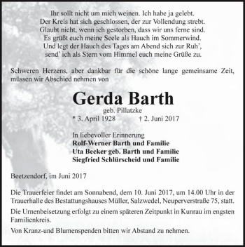Traueranzeige von Gerda Barth (geb. Pillatzke)  von Magdeburger Volksstimme