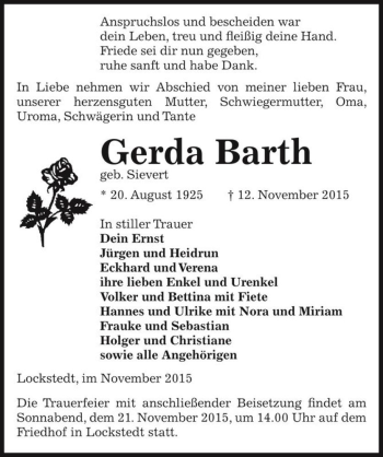 Traueranzeige von Gerda Barth (geb. Sievert)  von Magdeburger Volksstimme