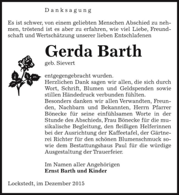 Traueranzeige von Gerda Barth (geb. Sievert)  von Magdeburger Volksstimme