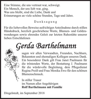 Traueranzeige von Gerda Barthelmann  von Magdeburger Volksstimme