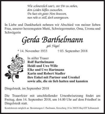 Traueranzeige von Gerda Barthelmann (geb. Flügel)  von Magdeburger Volksstimme