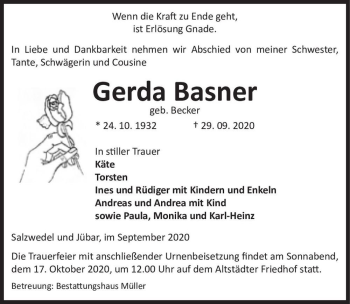 Traueranzeige von Gerda Basner (geb. Becker)  von Magdeburger Volksstimme