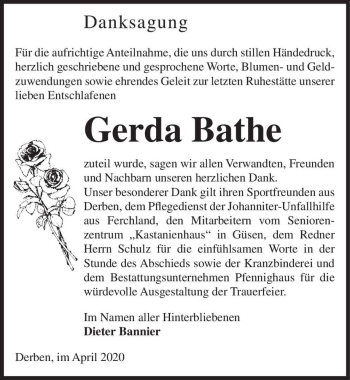 Traueranzeige von Gerda Bathe  von Magdeburger Volksstimme