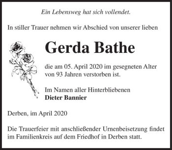 Traueranzeige von Gerda Bathe  von Magdeburger Volksstimme