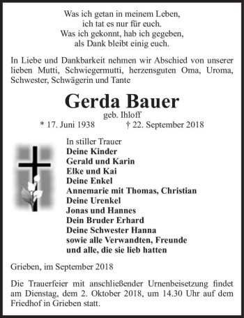 Traueranzeige von Gerda Bauer (geb. Ihloff)  von Magdeburger Volksstimme