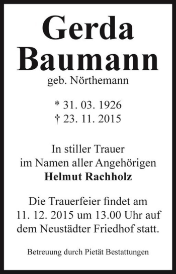 Traueranzeige von Gerda Baumann (geb. Nörthemann)  von Magdeburger Volksstimme
