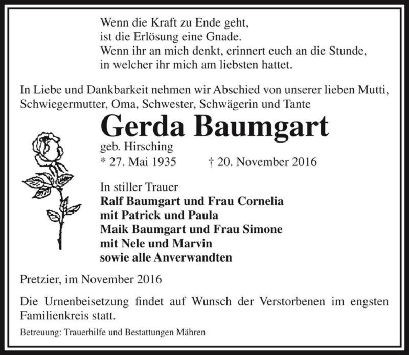  Traueranzeige für Gerda Baumgart (geb. Hirsching)  vom 22.11.2016 aus Magdeburger Volksstimme
