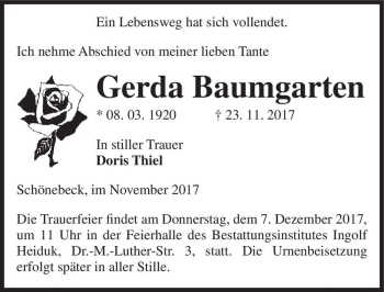 Traueranzeige von Gerda Baumgarten  von Magdeburger Volksstimme