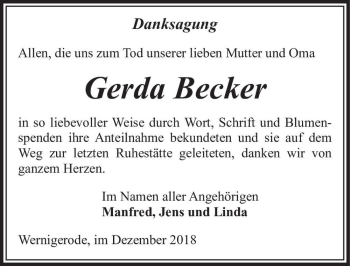 Traueranzeige von Gerda Becker  von Magdeburger Volksstimme