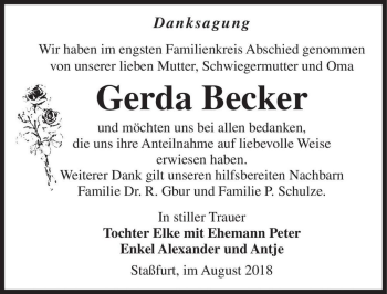 Traueranzeige von Gerda Becker  von Magdeburger Volksstimme