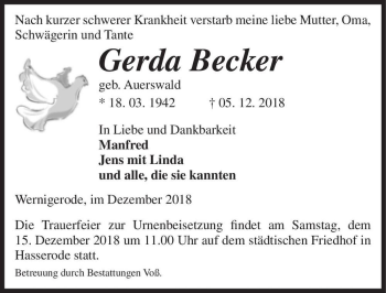 Traueranzeige von Gerda Becker (geb. Auerswald)  von Magdeburger Volksstimme
