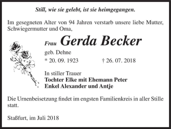 Traueranzeige von Gerda Becker (geb. Dehme)  von Magdeburger Volksstimme