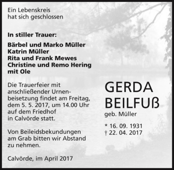 Traueranzeige von Gerda Beilfuß (geb. Müller)  von Magdeburger Volksstimme