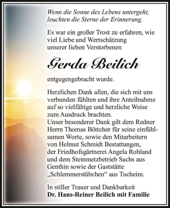 Traueranzeige von Gerda Beilich  von Magdeburger Volksstimme