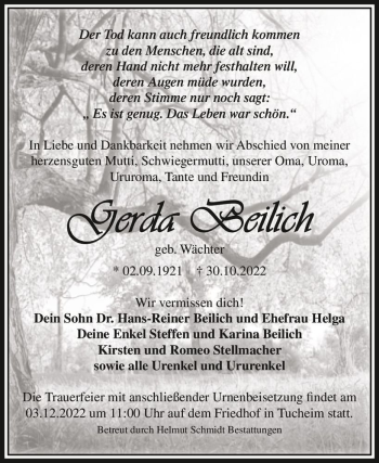 Traueranzeige von Gerda Beilich (geb. Wächter)  von Magdeburger Volksstimme