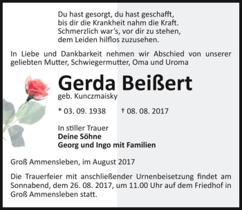 Traueranzeige von Gerda Beißert (geb. Kunczmaisky)  von Magdeburger Volksstimme