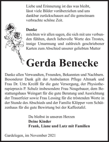 Traueranzeige von Gerda Benecke  von Magdeburger Volksstimme