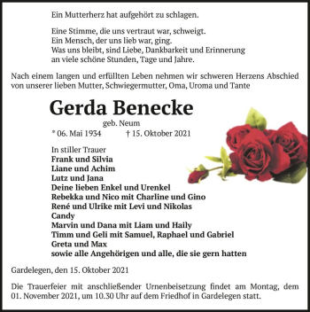 Traueranzeige von Gerda Benecke (geb. Neum)  von Magdeburger Volksstimme