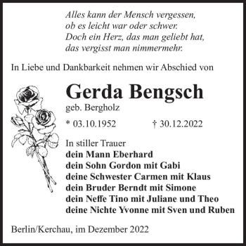 Traueranzeige von Gerda Bengsch (geb. Bergholz)  von Magdeburger Volksstimme