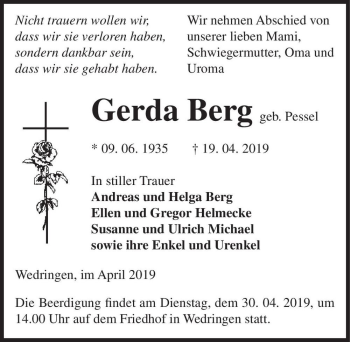 Traueranzeige von Gerda Berg (geb. Pessel)  von Magdeburger Volksstimme