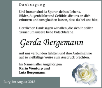Traueranzeige von Gerda Bergemann  von Magdeburger Volksstimme