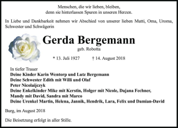 Traueranzeige von Gerda Bergemann (geb. Robotta)  von Magdeburger Volksstimme