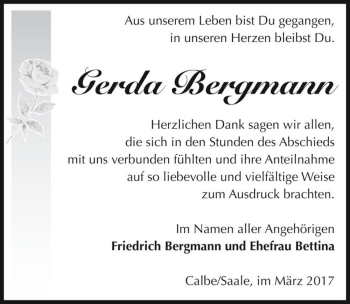 Traueranzeige von Gerda Bergmann  von Magdeburger Volksstimme