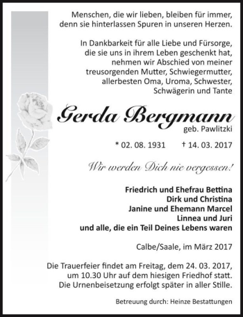 Traueranzeige von Gerda Bergmann (geb. Pawlitzki)  von Magdeburger Volksstimme